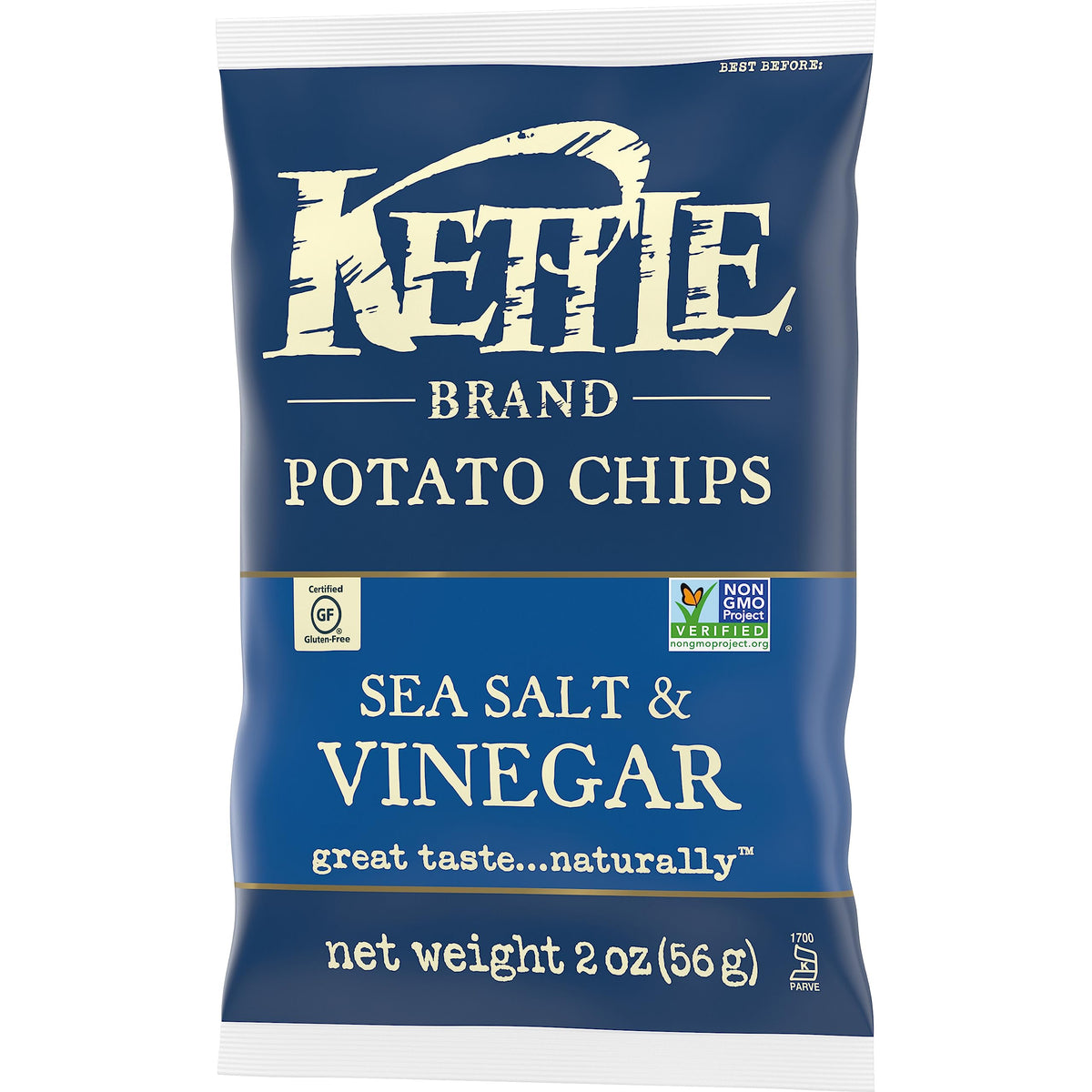 Kettle Brand Salt & Vinegar chips stack illustrating portable 2-ounce portions.
