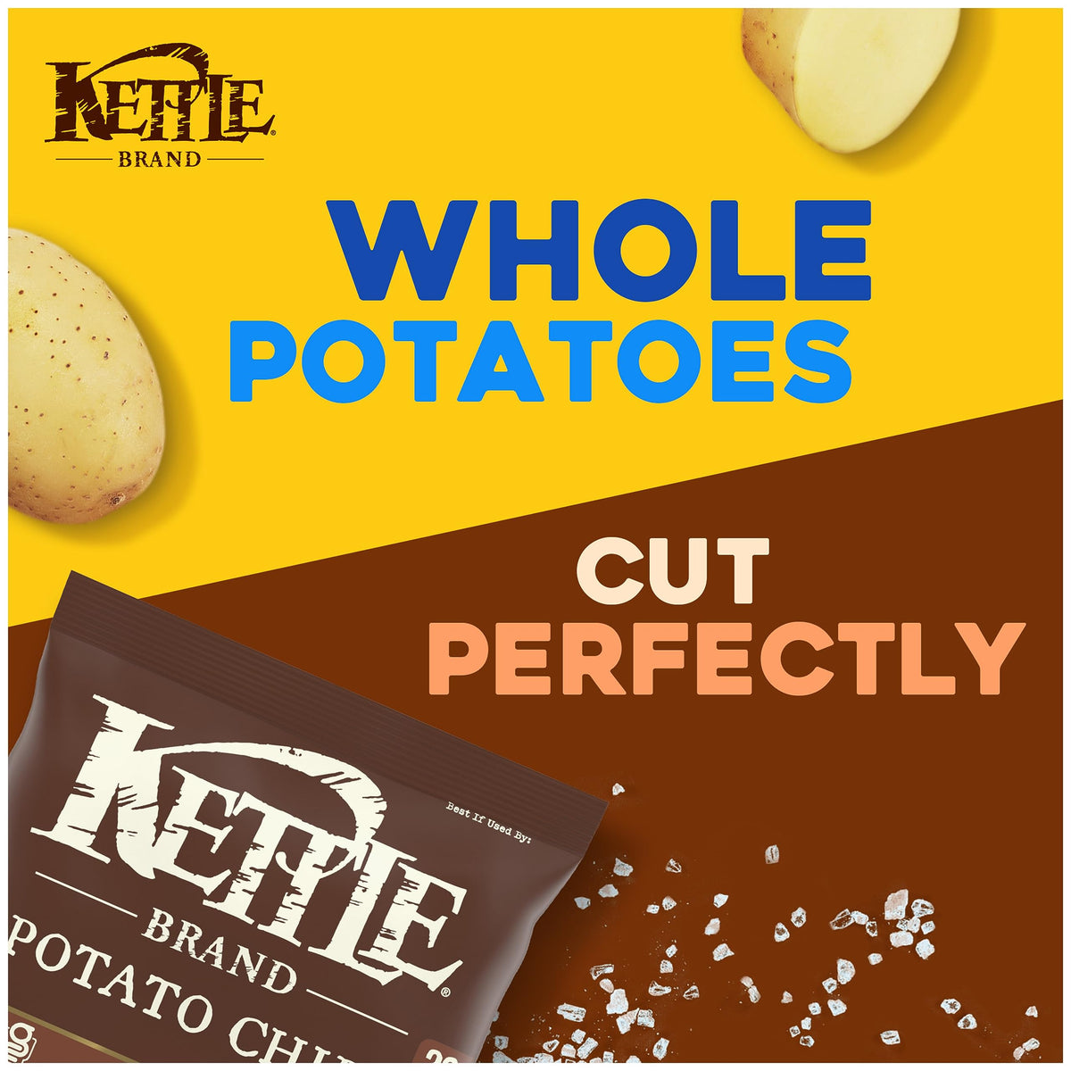 Kettle Brand Sea Salt chips golden edges on a plate, appealing crunch