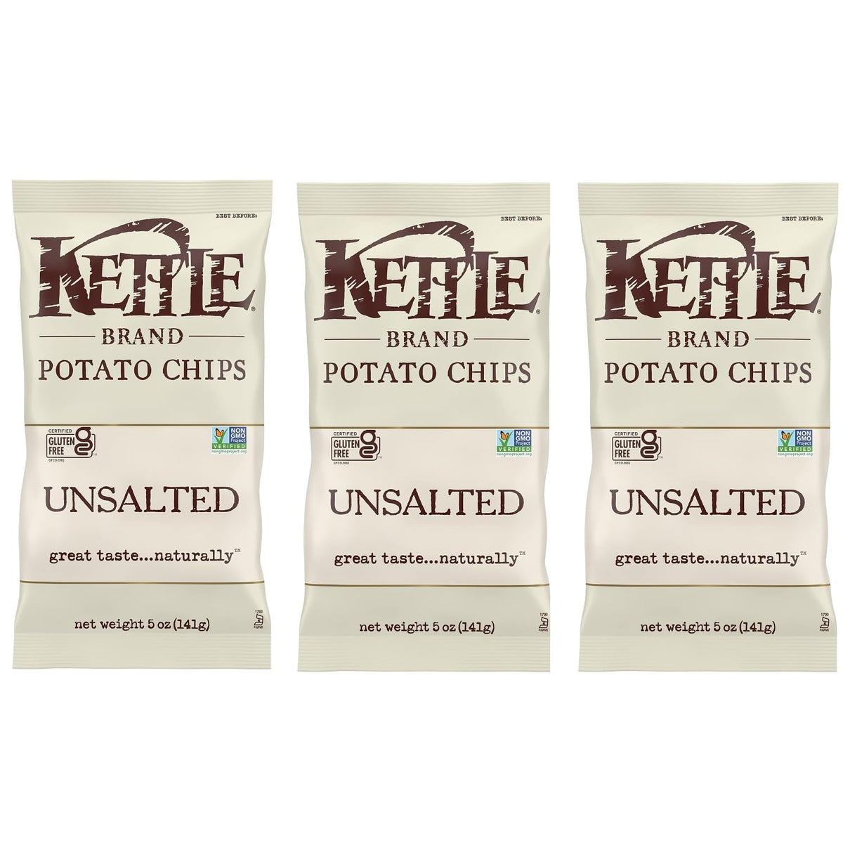 Kettle Brand Unsalted chips, crisp texture ideal for a simple snack