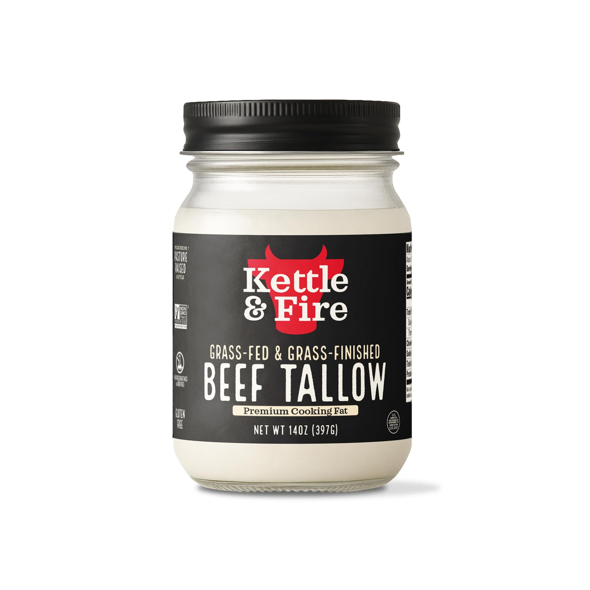 Kettle & Fire beef tallow jar for cooking, ideal for high-heat searing.