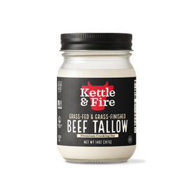Kettle & Fire beef tallow jar for cooking, ideal for high-heat searing.
