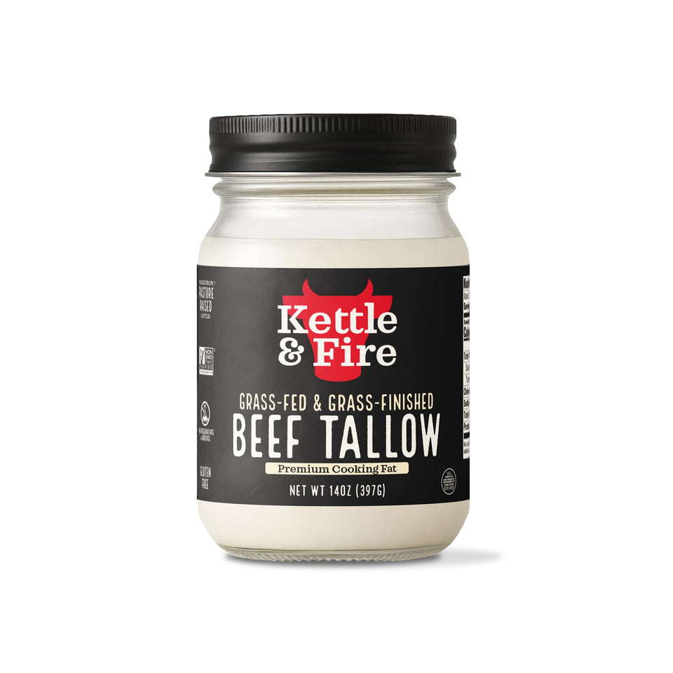 Kettle & Fire beef tallow jar for cooking, ideal for high-heat searing.