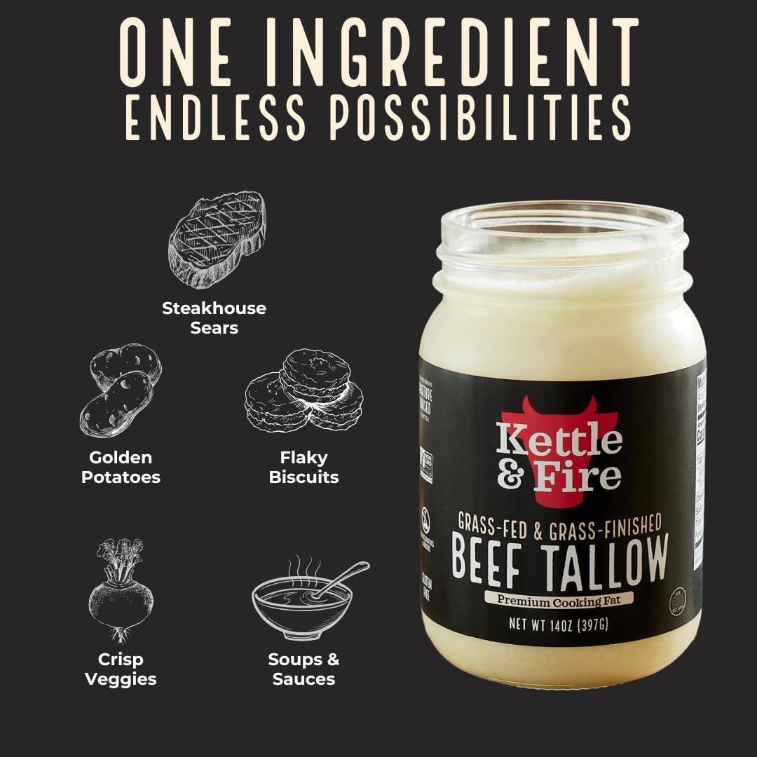 Kettle & Fire label highlights grass-fed, seed-oil free fat.