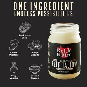Kettle & Fire label highlights grass-fed, seed-oil free fat.