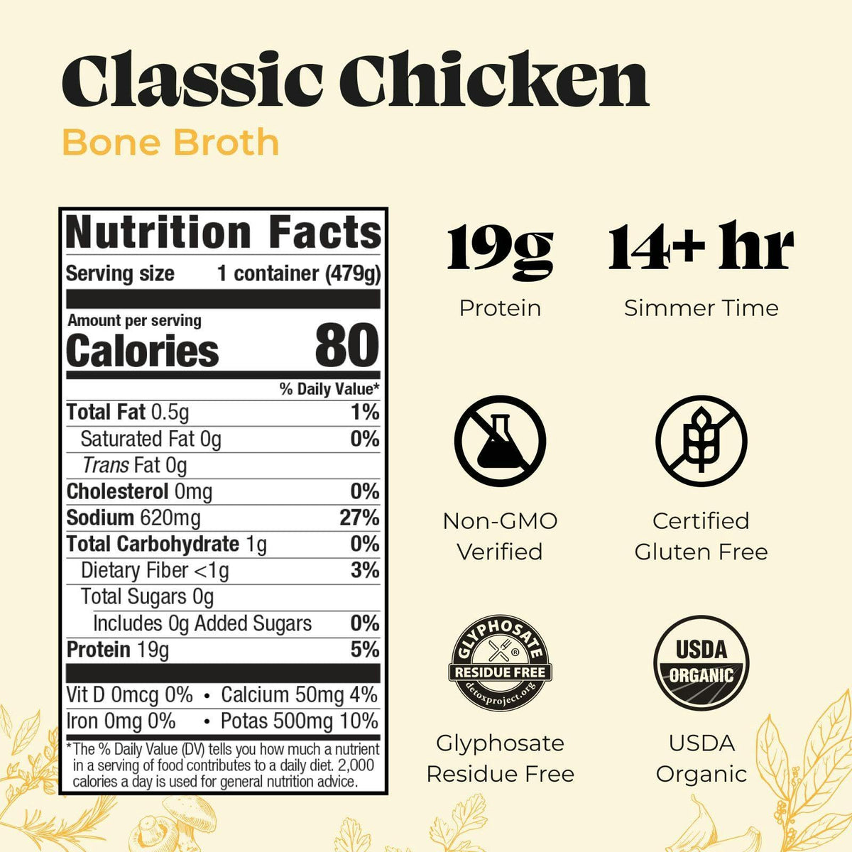 Kettle and Fire chicken bone broth 6-pack side view highlighting convenient packaging for easy meal prep.