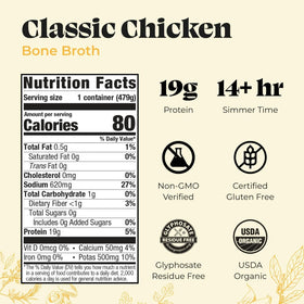 Kettle and Fire chicken bone broth 6-pack side view highlighting convenient packaging for easy meal prep.