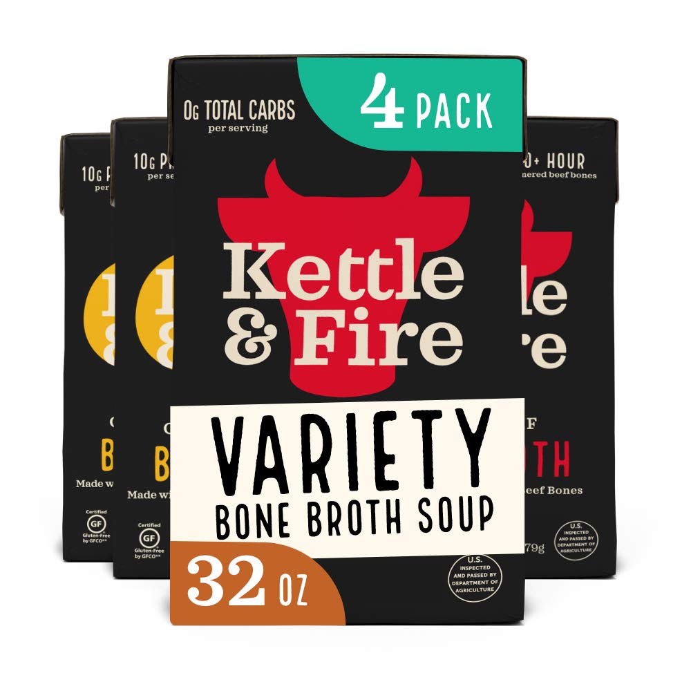 Kettle & Fire Classic Beef Bone Broth bottle being poured, rich in protein and collagen.