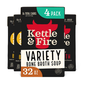 Kettle & Fire Classic Beef Bone Broth bottle being poured, rich in protein and collagen.