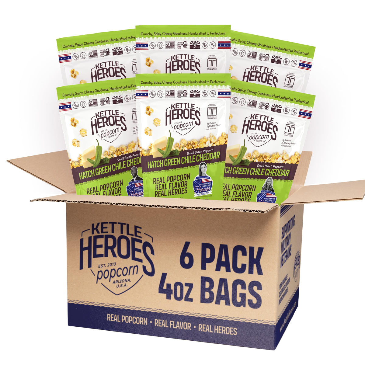 Kettle Heroes Hatch Green Chile Cheddar popcorn bag for bold savory snacking.