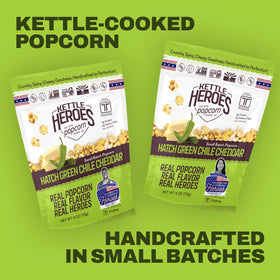 Kettle Heroes kosher popcorn 6-pack on shelf highlighting certification.