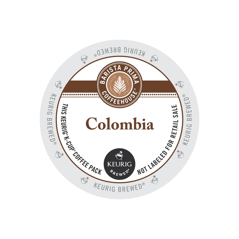 Keurig Barista Prima Colombia K-Cup close-up of Arabica packaging lid for premium convenience