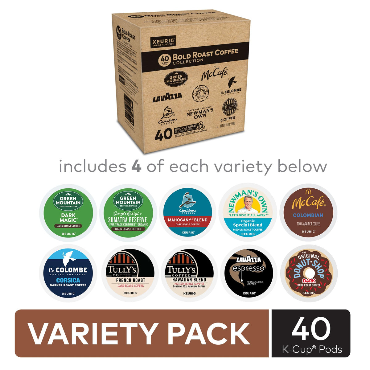 Keurig Bold Roast Collection Pods 40-count highlights ample supply for busy mornings.