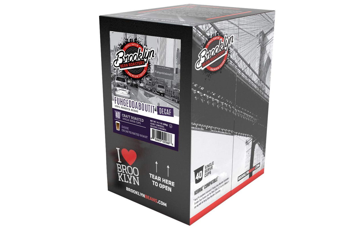 Keurig brewer with Fuhgeddaboutit Decaf pods ready to brew at home.