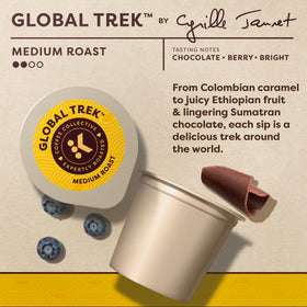 Keurig Coffee Collective Global Trek beans close up reveals caramel, berry, and chocolate notes.
