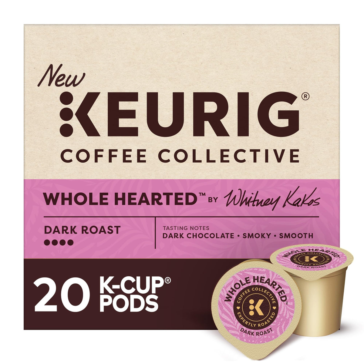 Keurig Coffee Collective Whole Hearted dark roast pod delivers smoky, rich cocoa notes, ideal for mornings.