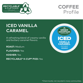 Keurig-compatible Green Mountain Vanilla Caramel pods brew rich, balanced iced coffee