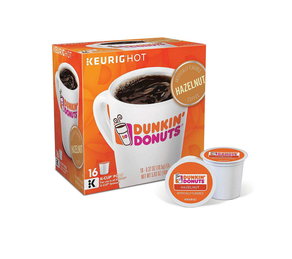 Keurig Dunkin Hazelnut K-Cups 16-count pod image for quick single-serve coffee.