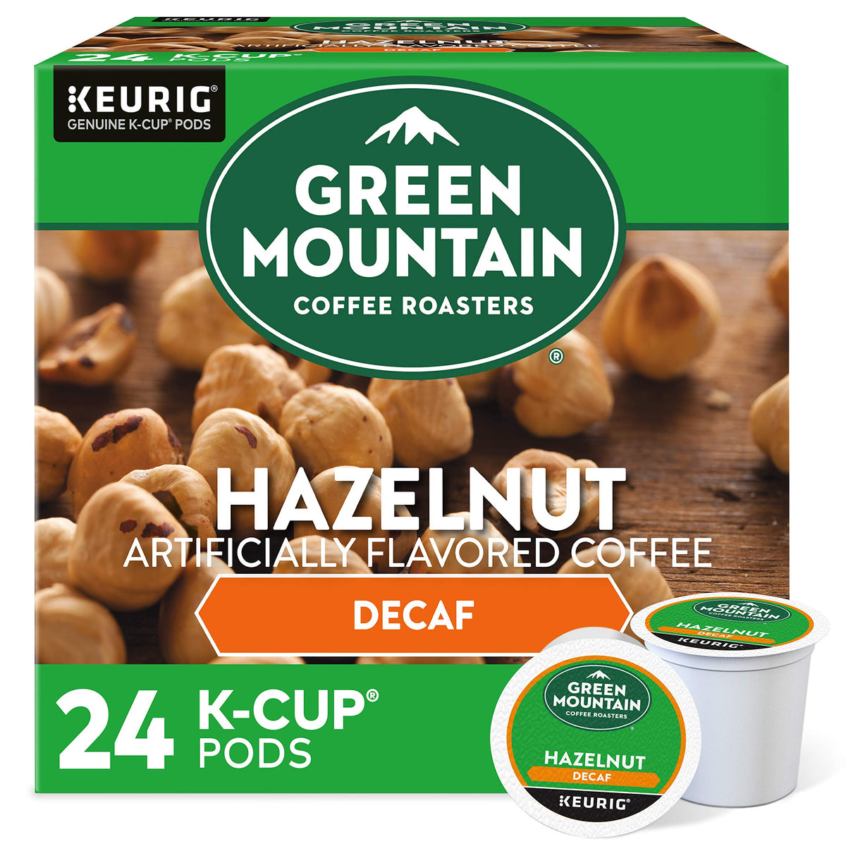 Keurig Green Mountain Hazelnut Decaf K-Cups in a 24-count box offer a smooth decaf option.