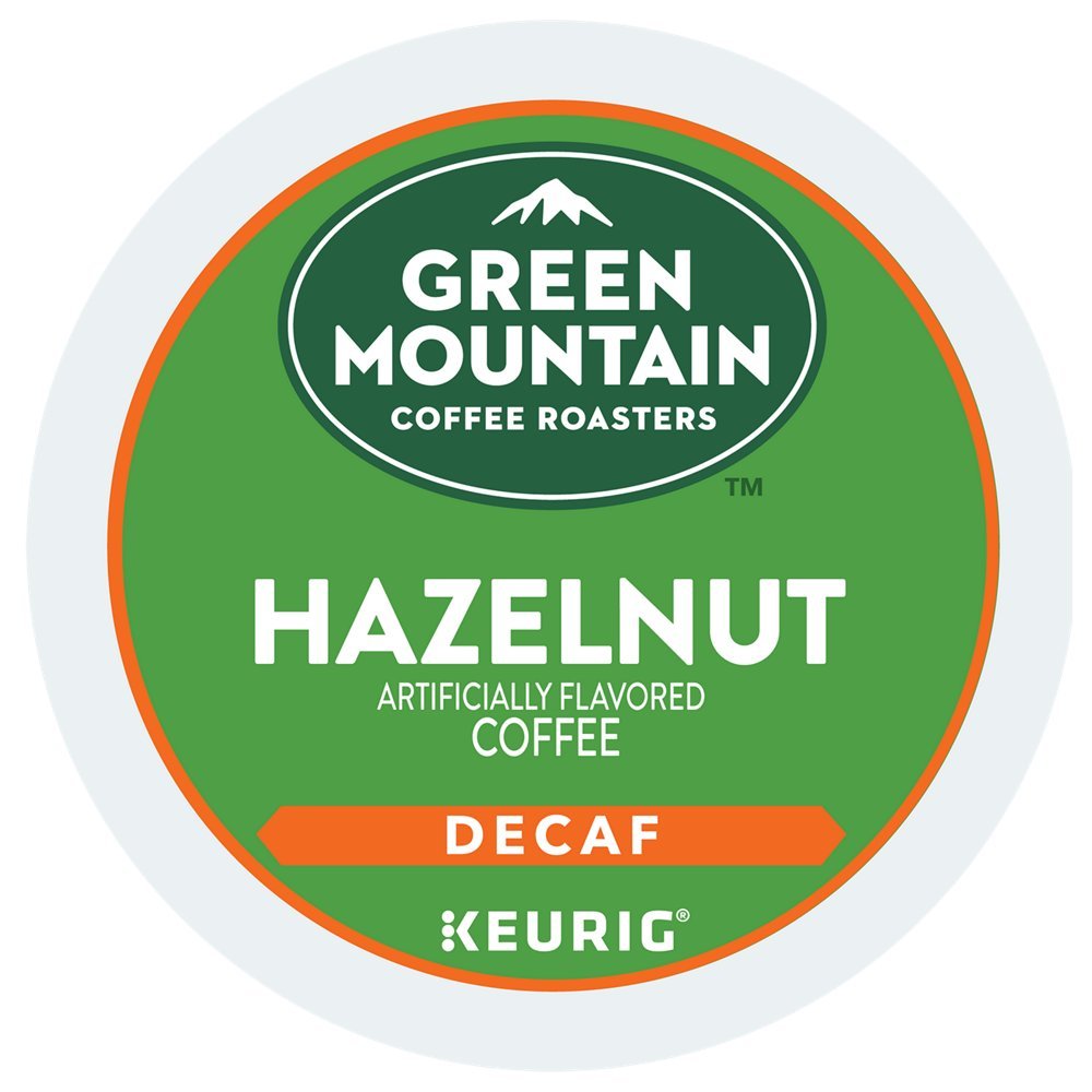 Keurig Green Mountain Hazelnut Decaf K-Cup pod close-up highlighting rich hazelnut aroma and caffeine-free option.
