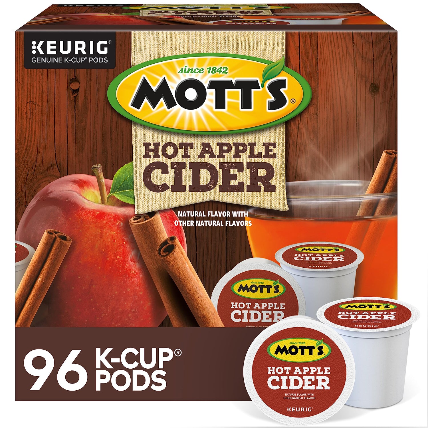 Keurig Mott's Apple Cider box front highlights authentic apple flavor for quick office breaks.