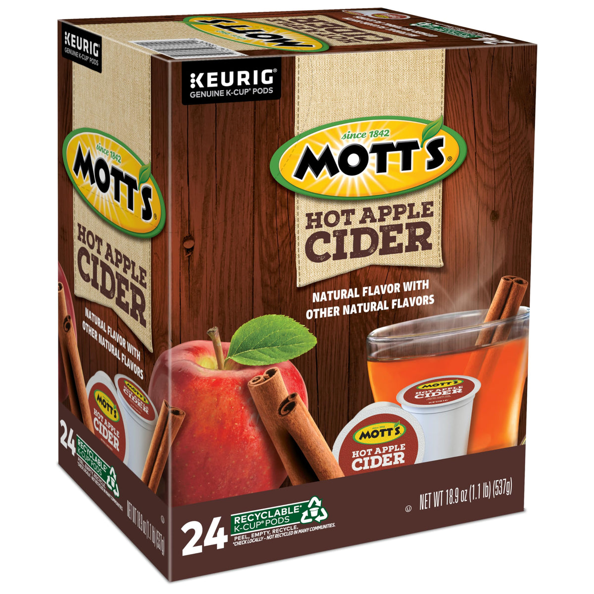 Keurig Mott's Apple Cider box nutrition label shows no artificial ingredients.