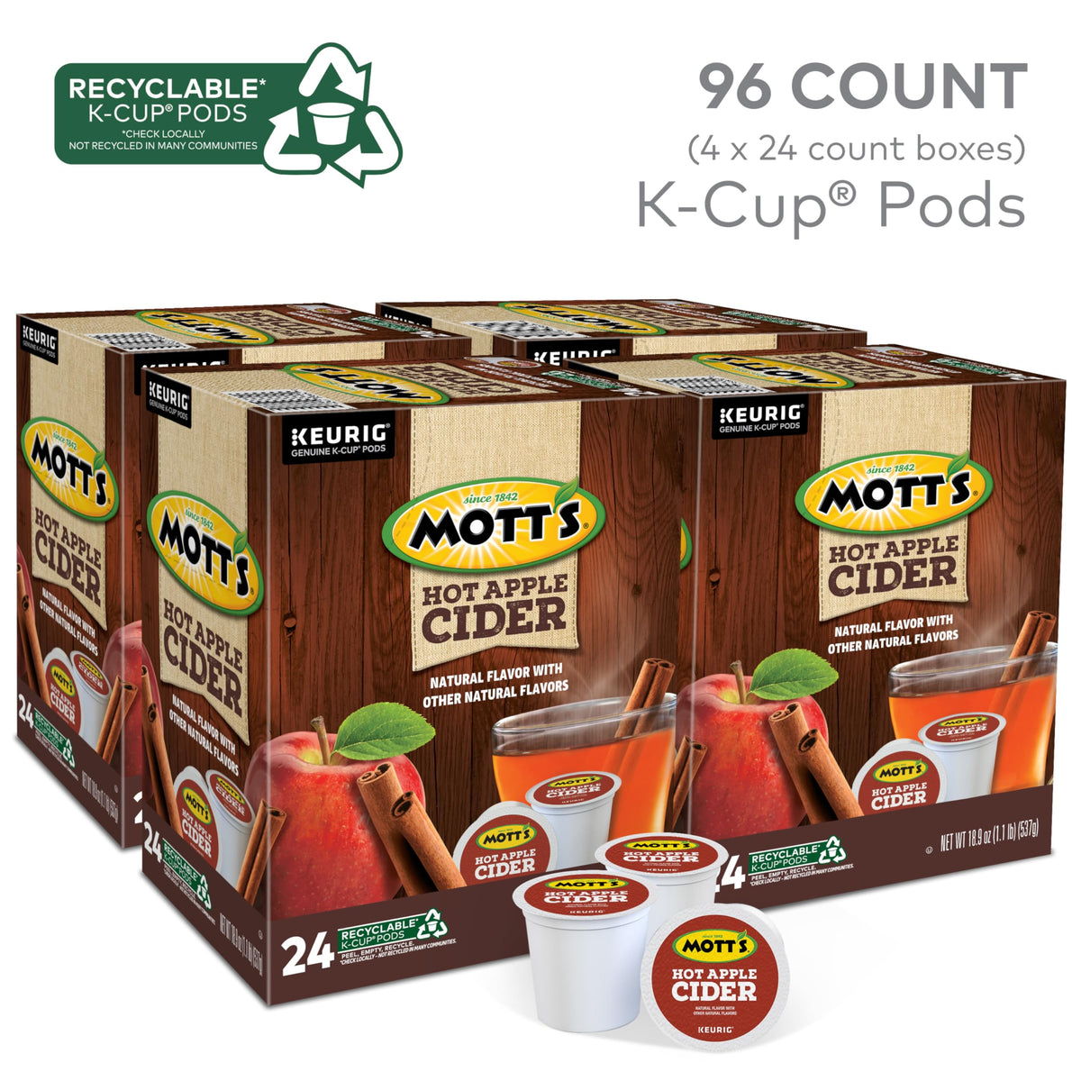 Keurig Mott's Apple Cider K-Cup pods pack shows convenient single-serve format.