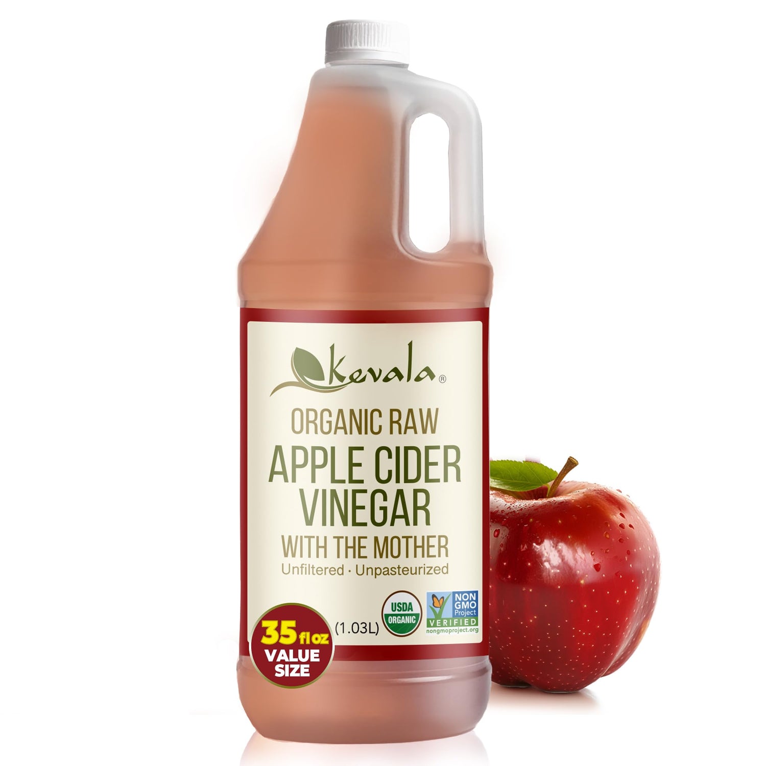 Kevala Organic Raw Apple Cider Vinegar bottle on shelf for pure kitchen use.