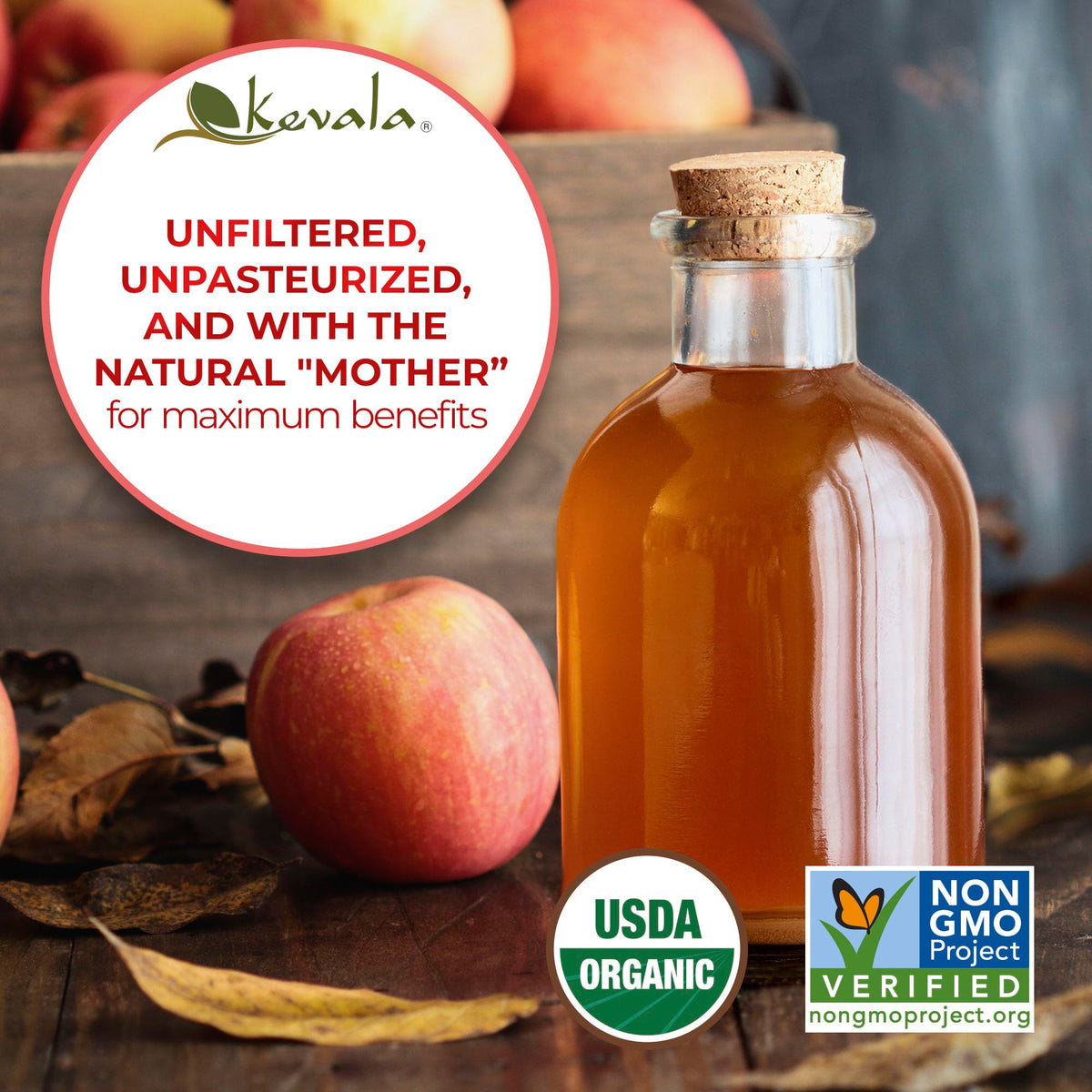 Bottle of Kevala vinegar with the Mother, highlighting natural texture.