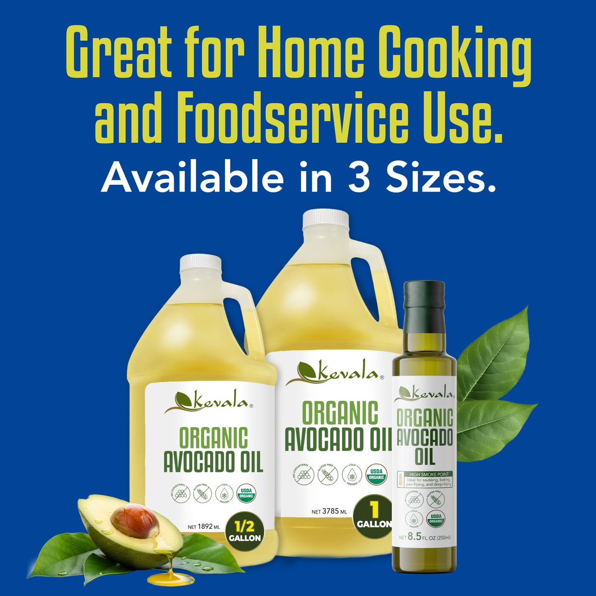 Whole avocado and Kevala oil duo on countertop