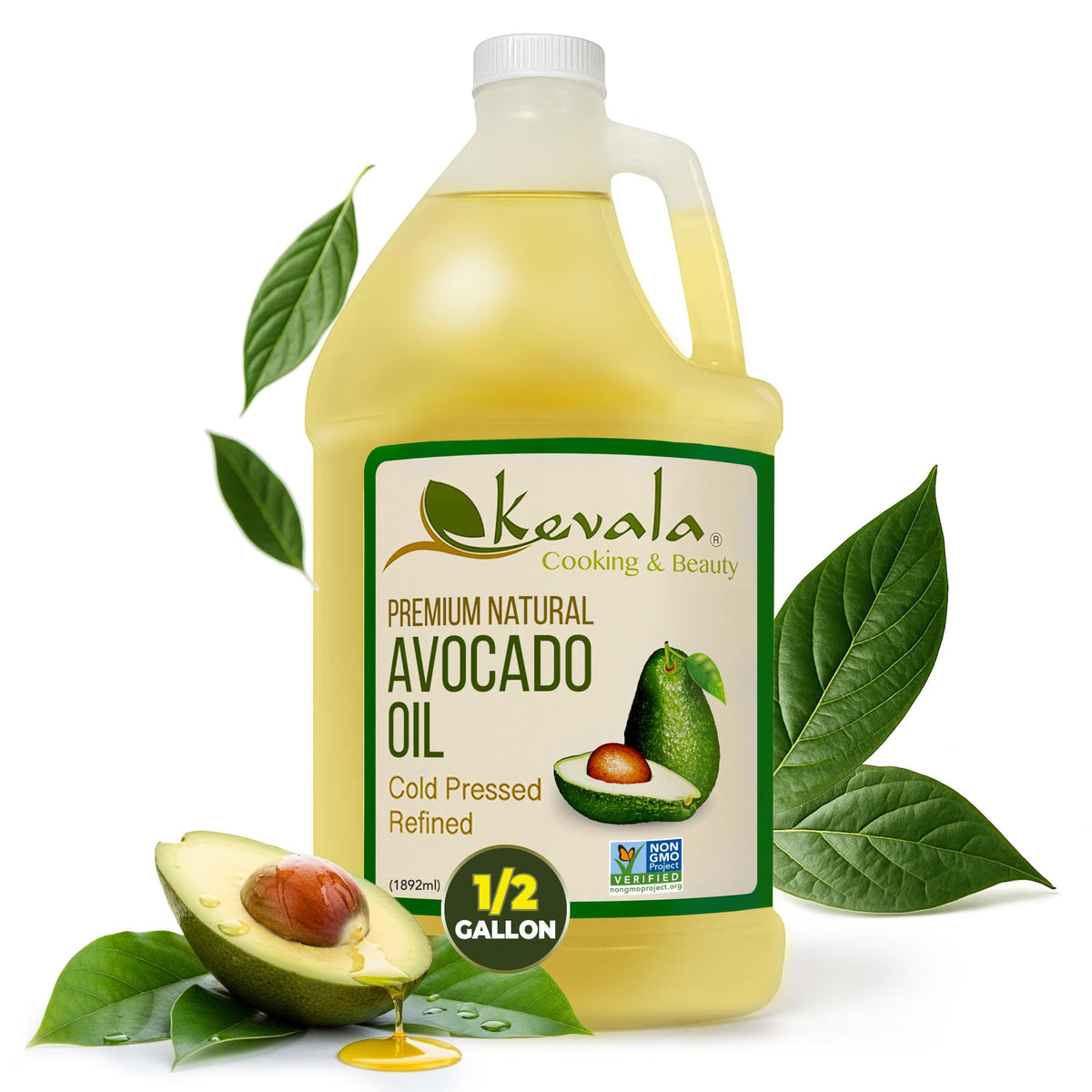 Kevala Avocado Oil bottle front with label, ideal for high-heat cooking