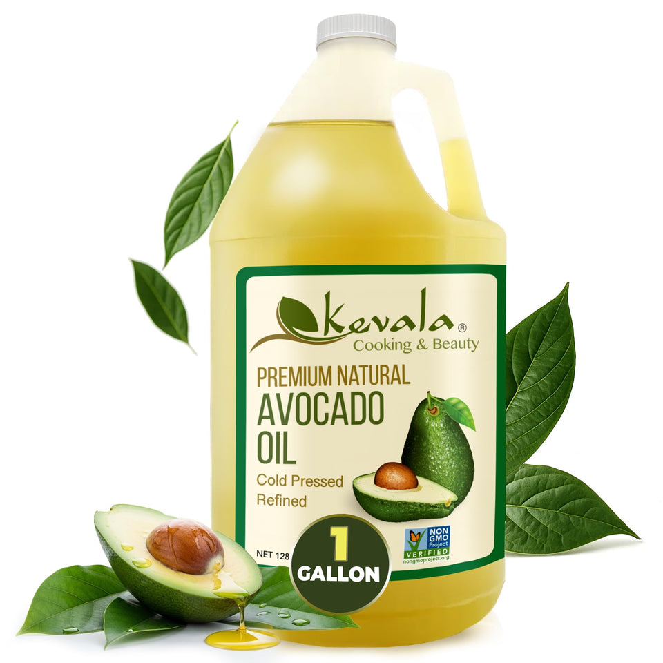 Kevala Avocado Oil bottle on kitchen counter, highlighting pure cold-pressed quality for everyday use.