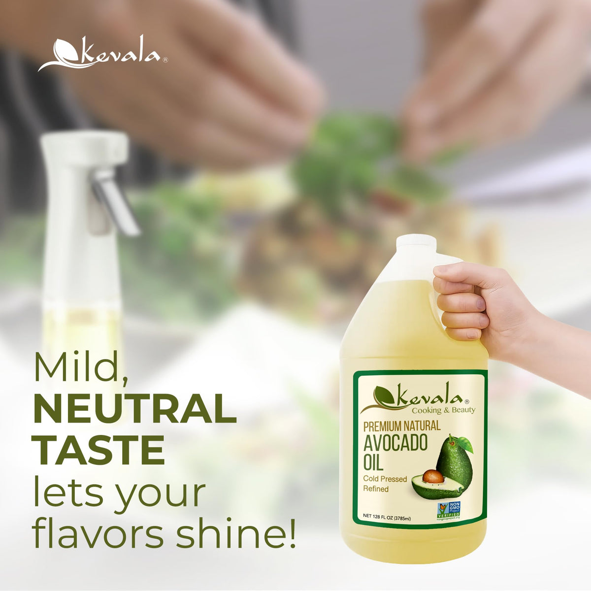 Kevala Avocado Oil drizzled over a fresh salad, providing a light, neutral finish.