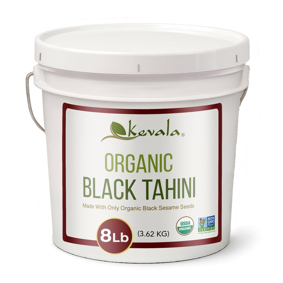 Kevala black tahini glass jar shows rich color, ideal for sauces and spreads.