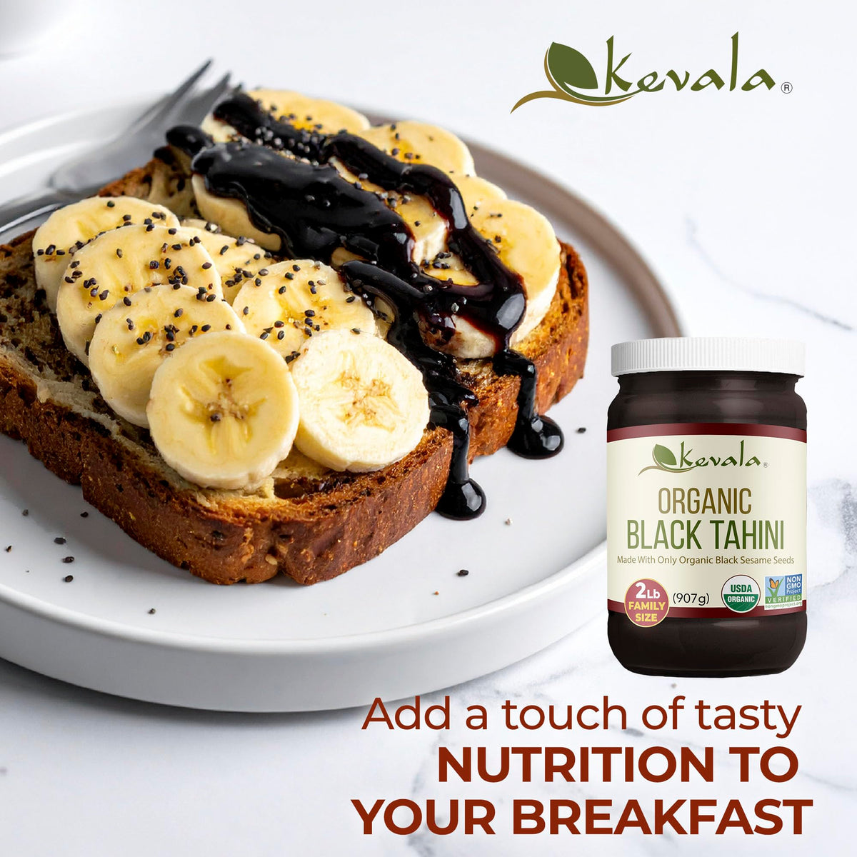 Kevala Black Tahini spread on toasted bread for a flavorful bite.