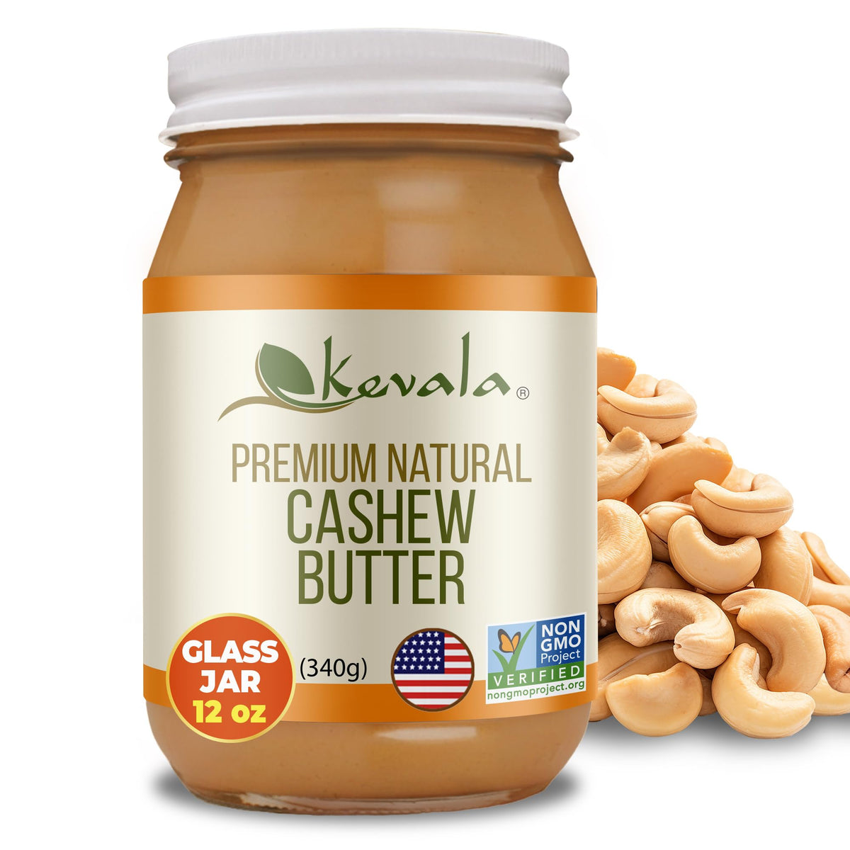 Kevala cashew butter jar front view showing pure single-ingredient spread for everyday snacks