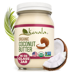 Kevala coconut butter 16oz glass jar on counter, creamy, dairy-free spread.