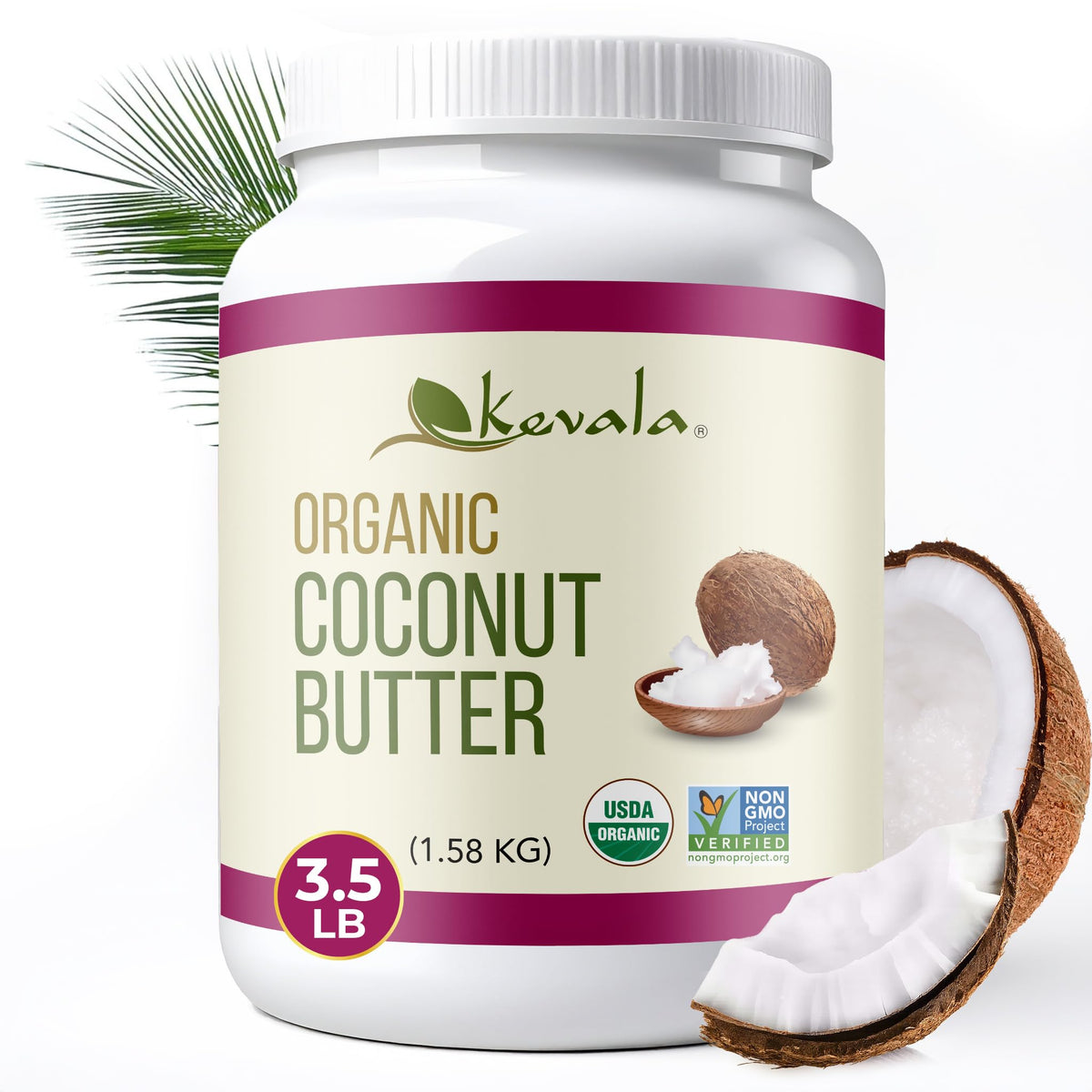 Kevala Coconut Butter 56oz jar closeup for versatile cooking fat.