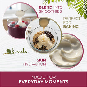 Smooth spoonful of Kevala butter ready to mix into smoothies.