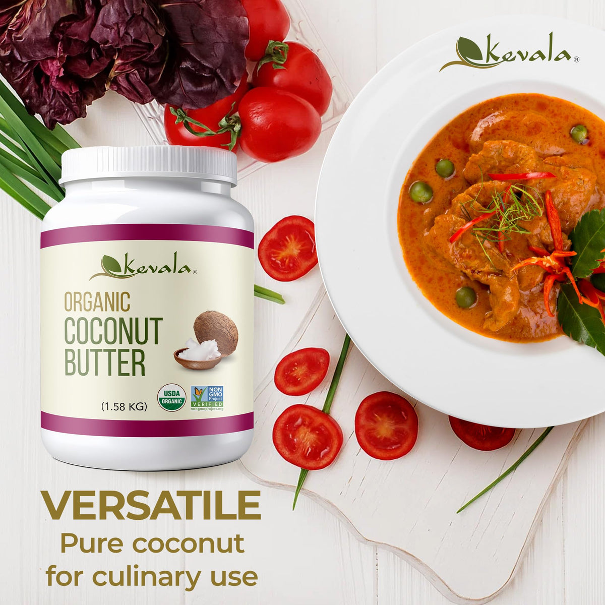 Kevala Coconut Butter on kitchen counter, showcasing clean ingredients.