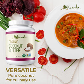Kevala Coconut Butter on kitchen counter, showcasing clean ingredients.