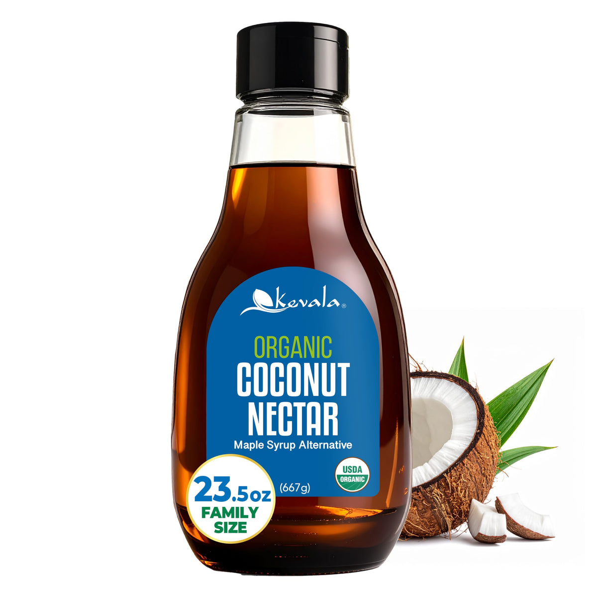 Kevala Coconut Nectar bottle pour highlights natural maple-syrup sweetness for pancakes