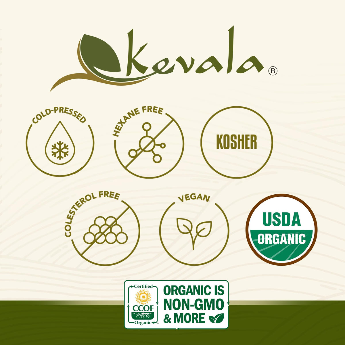 Kevala olive oil bottle in a skillet for gentle sauté and flavor.