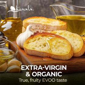 Kevala olive oil pouring into pan for sautéing and gentle cooking.