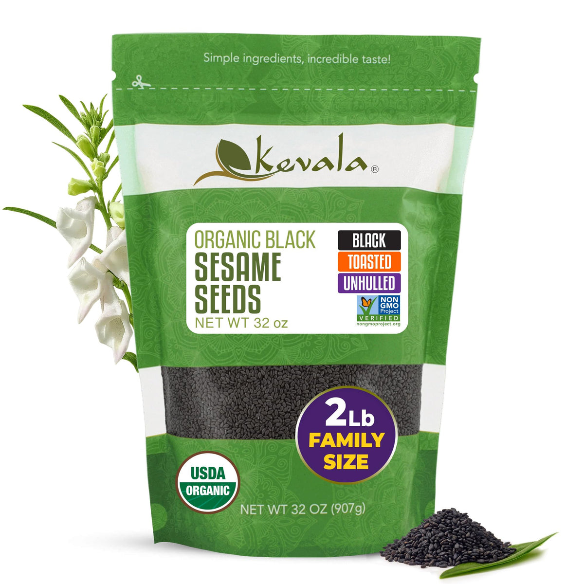 Kevala black sesame seeds bag front showcases premium organic seeds for baking and cooking.