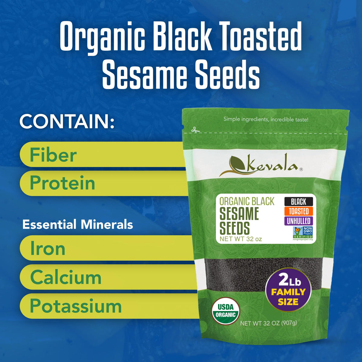 Kevala organic black sesame seeds pour image emphasizes convenient resealable bag for freshness.