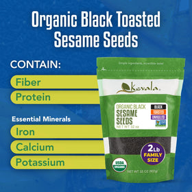 Kevala organic black sesame seeds pour image emphasizes convenient resealable bag for freshness.