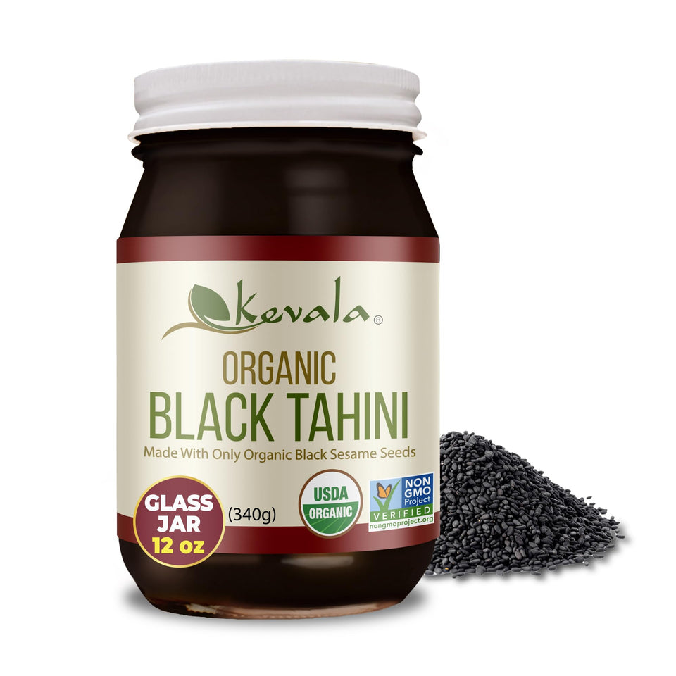 Kevala Organic Black Tahini bottle pour shows smooth texture for sauces and spreads
