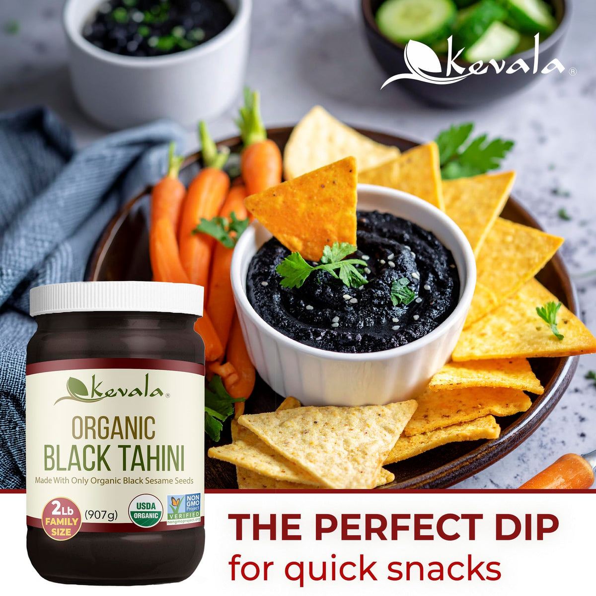Kevala Organic Black Tahini packaging highlighting USDA Organic and Kosher badges.