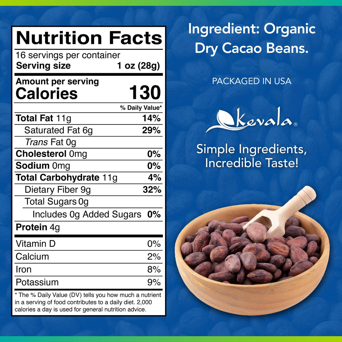Kevala organic cacao beans ready to eat as a vegan snack
