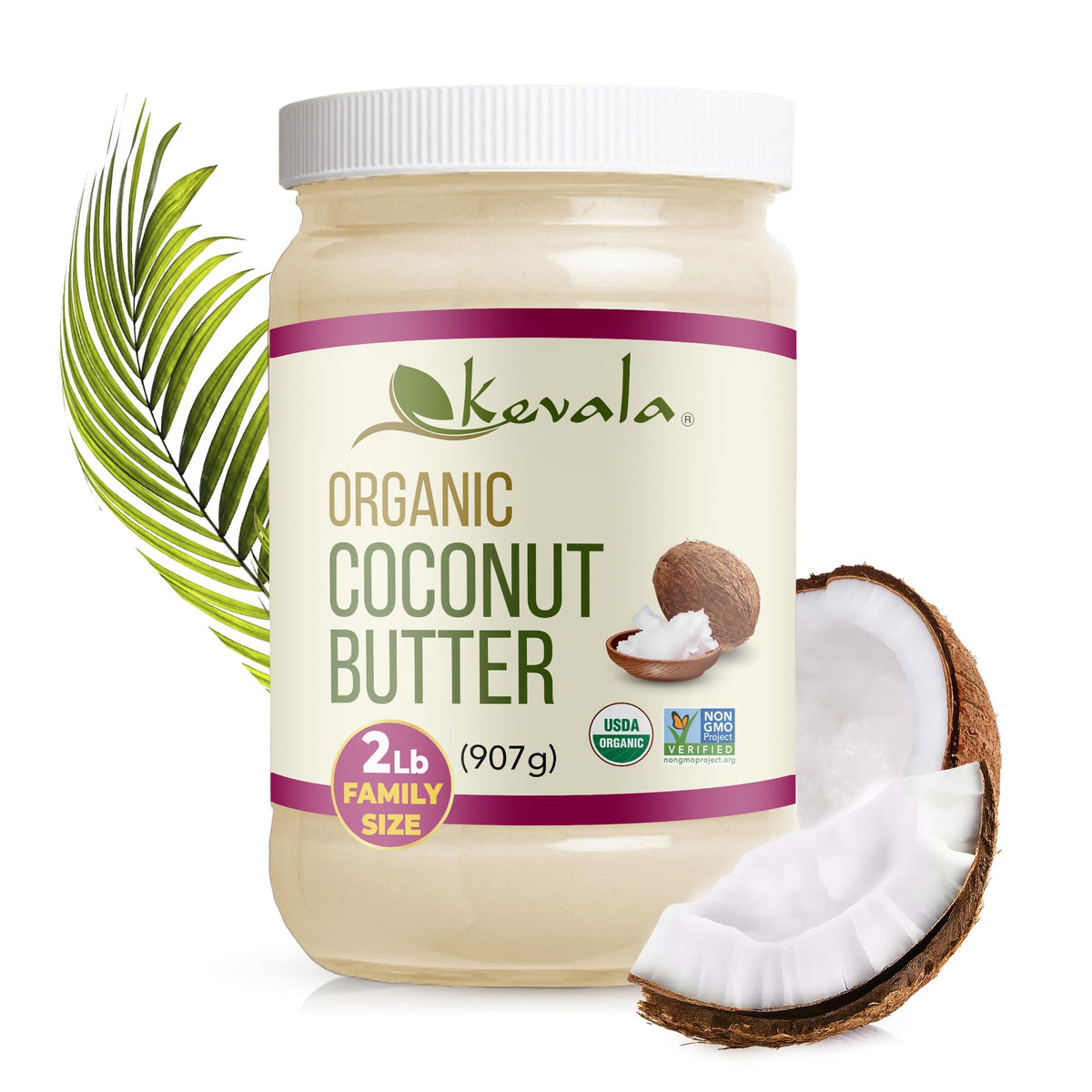 Kevala Organic Coconut Butter jar close-up, creamy spread for toast